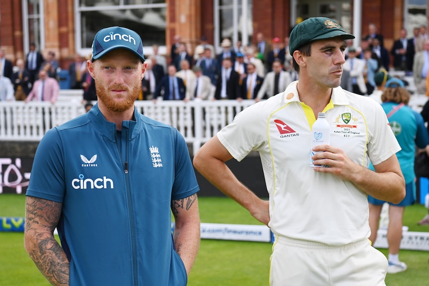Ben Stokes and Pat Cummins are not looking at each other as they stand side by side