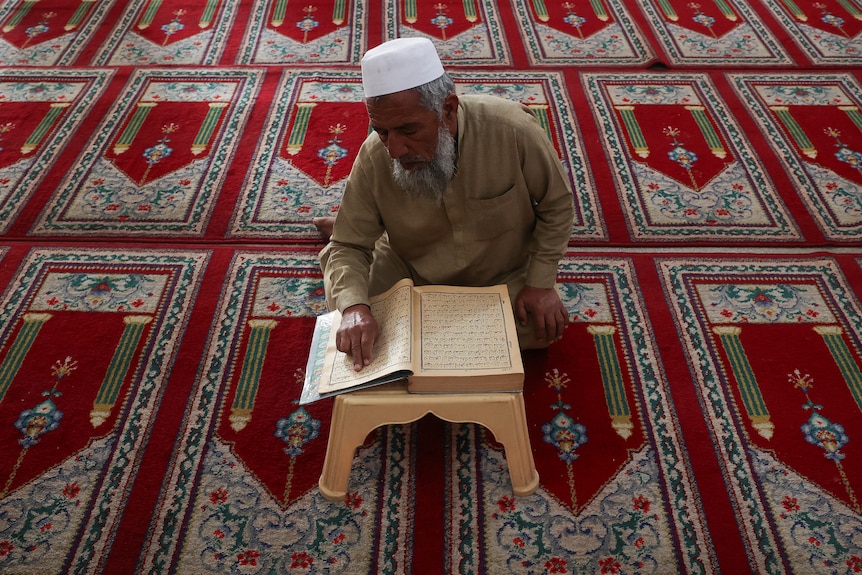 A man reads the Koran at a small table on the patterned red, white and green carpet of a mosque.
