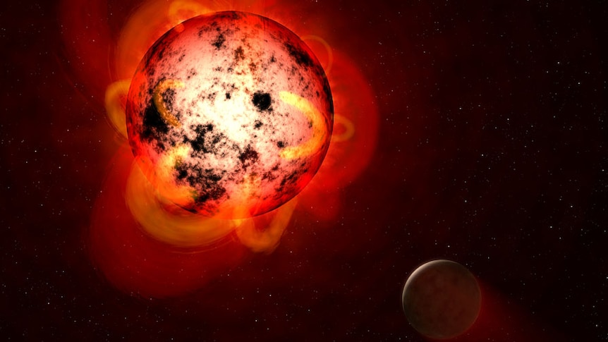 Illustration of a red dwarf star with exoplanet