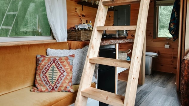 Inside a wooden tiny home.