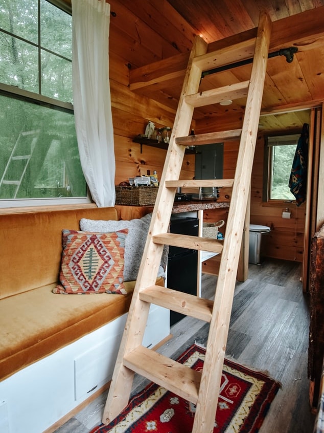 Inside a wooden tiny home.