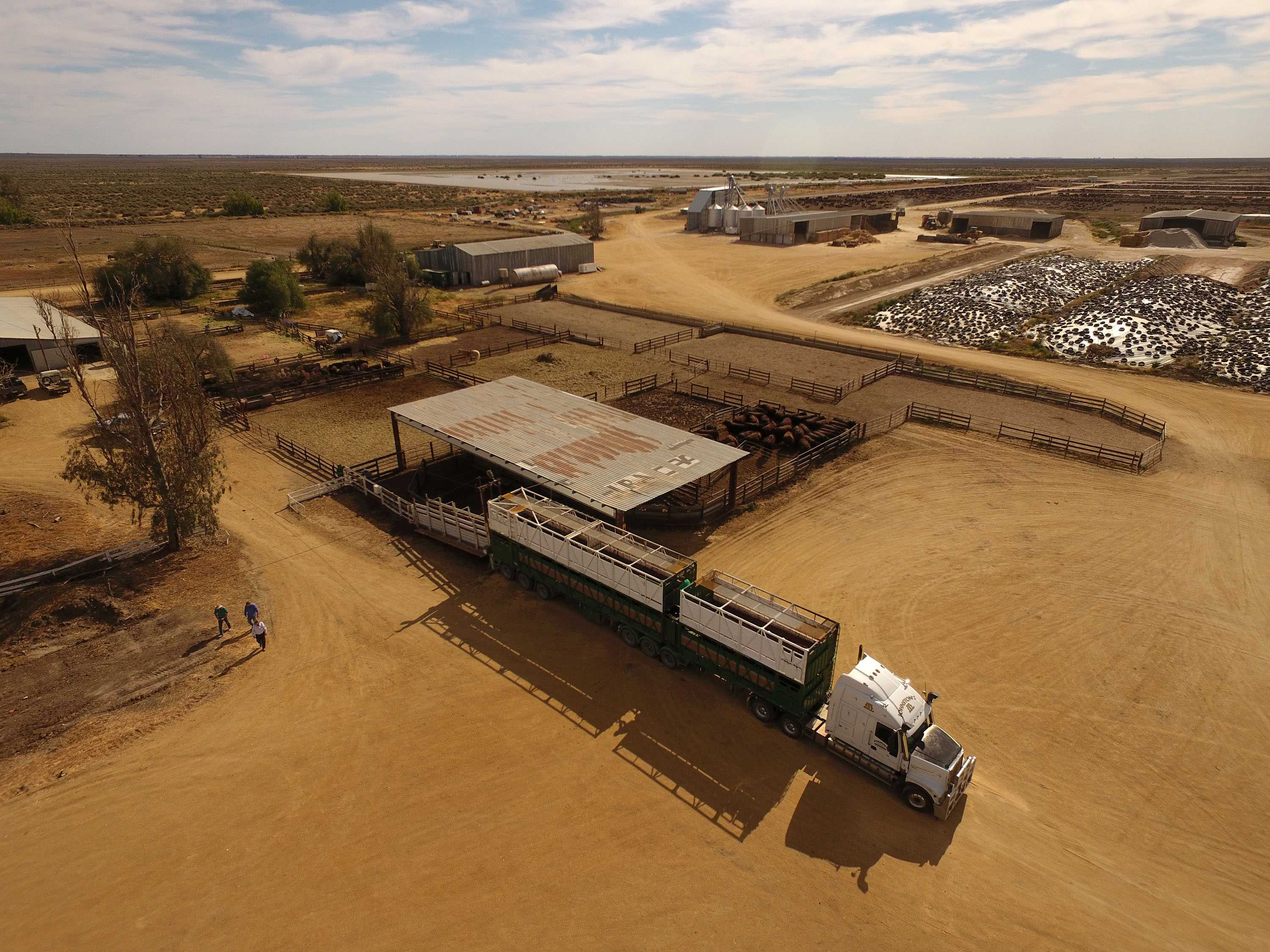 Aerial of Hells Gate property with trucks and cattle.