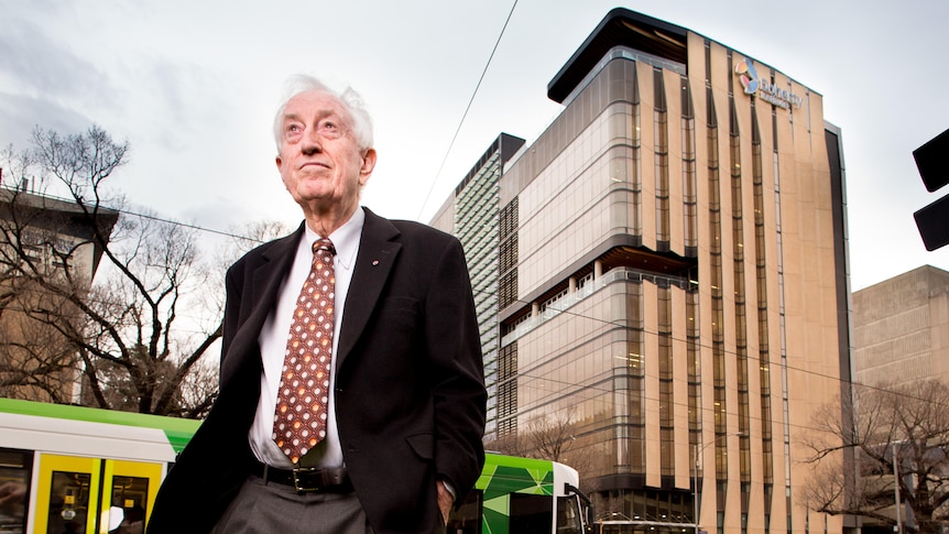 Peter Doherty stands outside of The Doherty Institute in Melbourne.