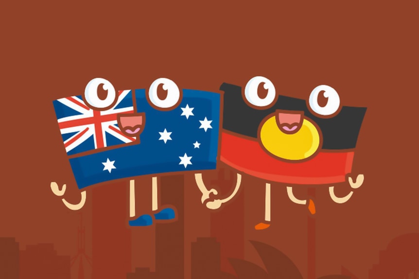 An Australian cartoon flag holds the hand of an Aboriginal cartoon flag.