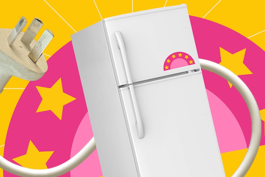 Image of a fridge with a power cord on top of a pink and yellow graphical background