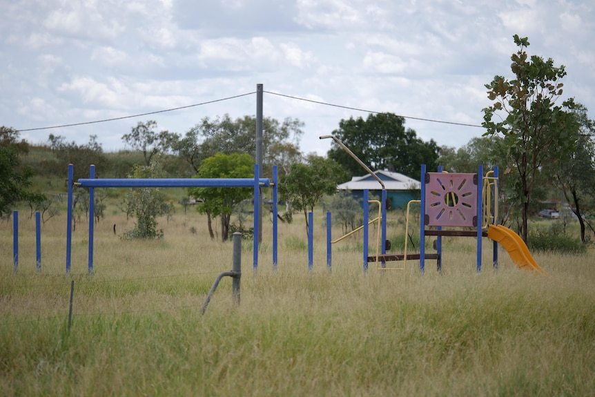 A playground sits vacant in a block of land overgrown by grass