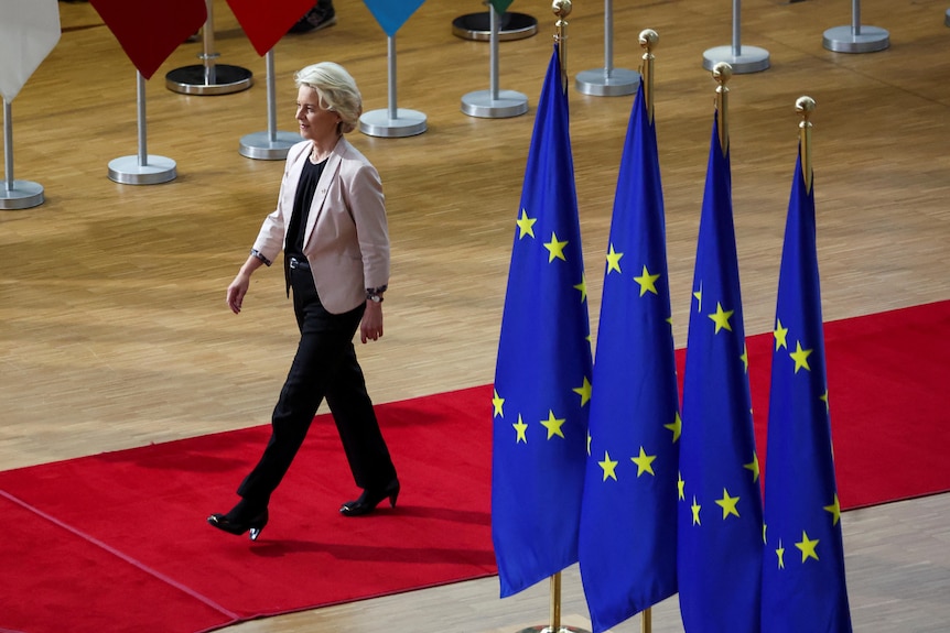 Ursula von der Leyen is pictured wearing a light pink blazer while walking on a red carpet, on the right are four EU flags.