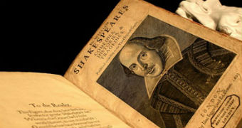 A 1623 copy of the calf-bound First Folio edition of Shakespeare plays.