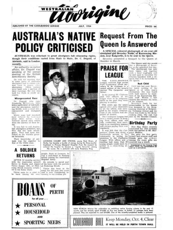 Newspaper front page from Westralian Aborigine, headline reads "Australia's Native Policy Criticised"