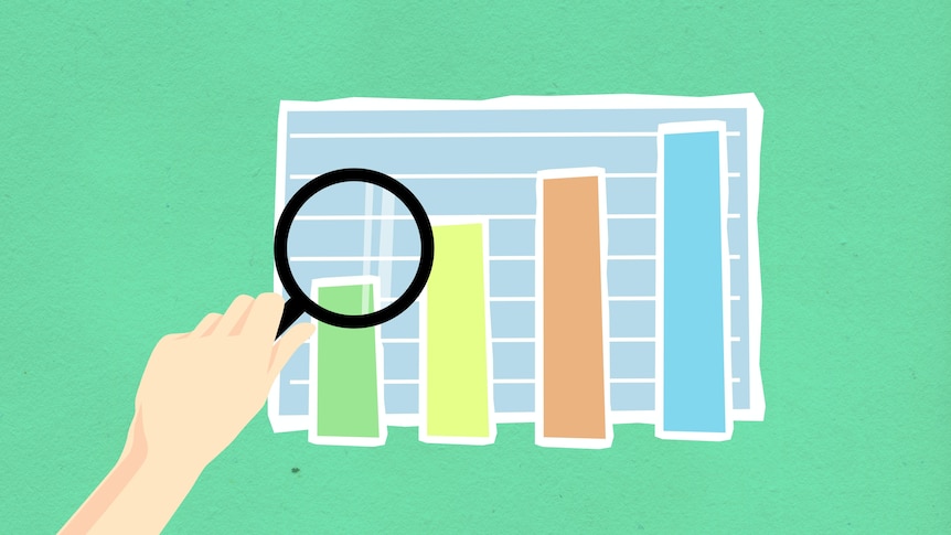 A graphic of a hand holding up a magnifying glass to a bar graph.