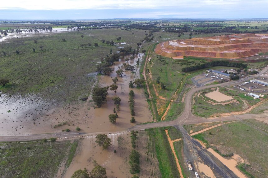 Flooded paddocks and part of a mine