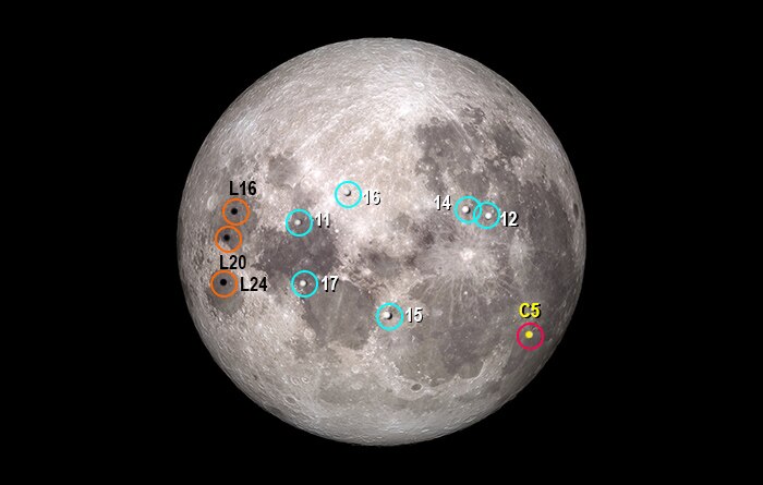 Moon showing position of the Chang'e 5 landing site compared with Apollo and Luna sites