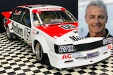 An image of motor racing legend Peter Brock's famous HDT VH Commodore and an inset image of the driver