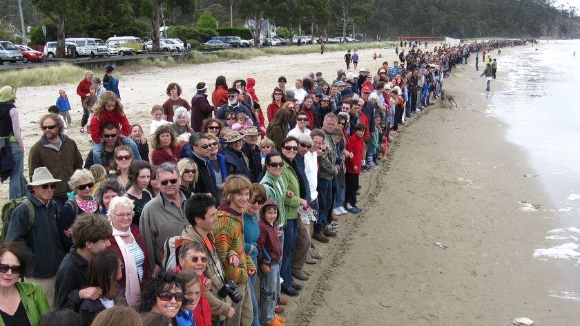 Line in the sand protest at Kingston Beach Tasmania