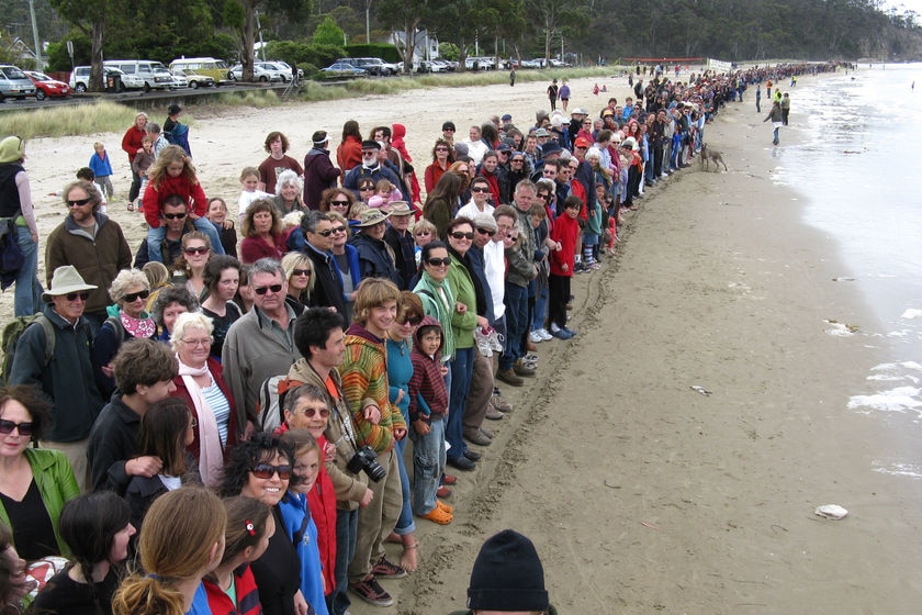 Line in the sand protest at Kingston Beach Tasmania