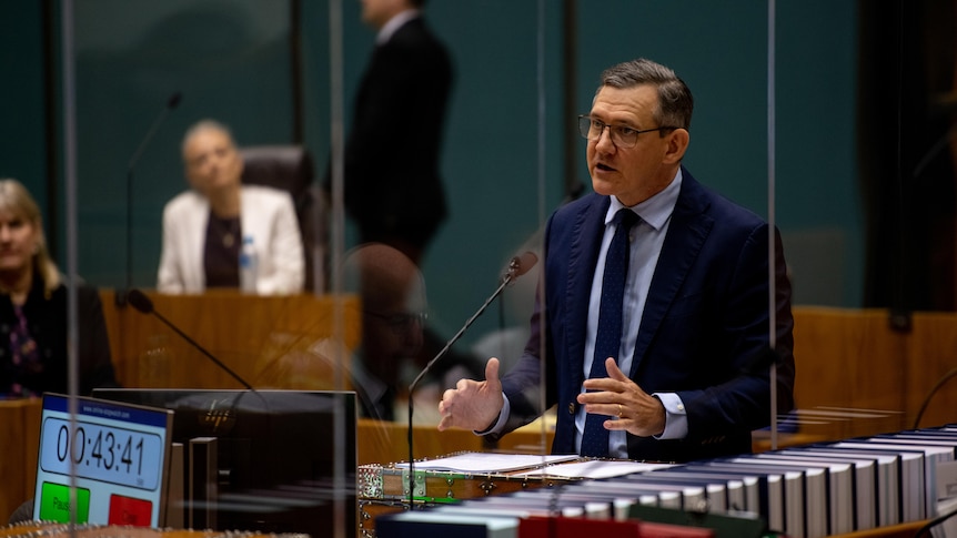Michael Gunner speaks in parliament during his budget speech and resignation.