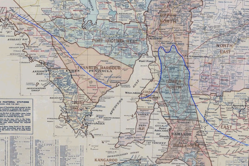 A map of South Australia with a blue line to mark Goyder's Line.