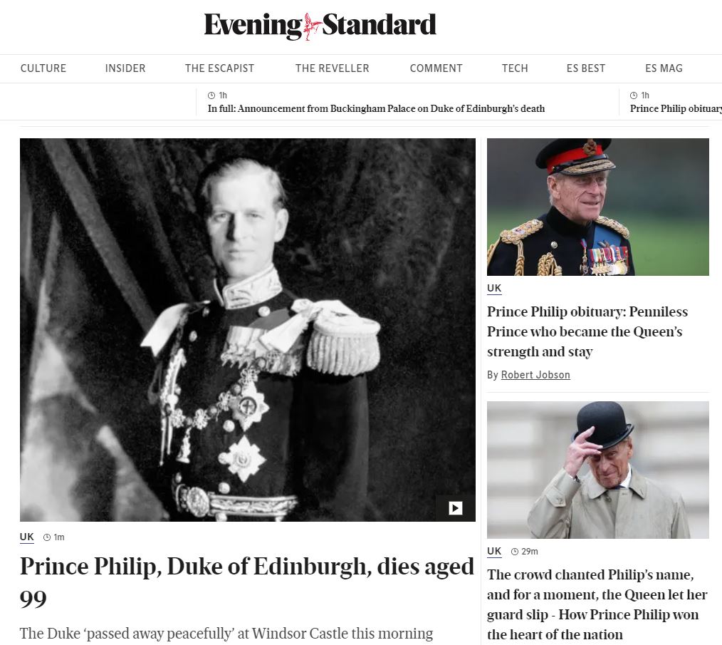 Evening Standard website after the death of Prince Philip.