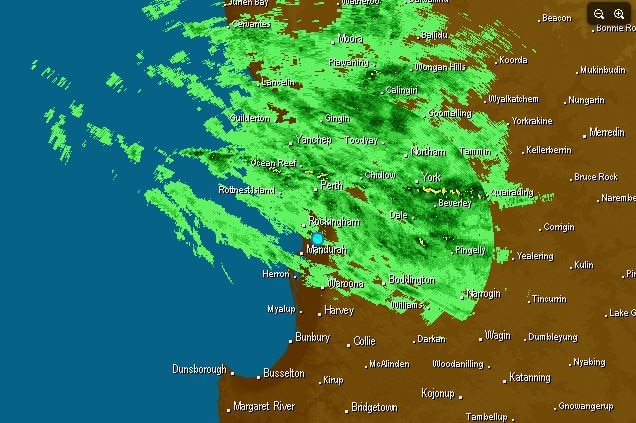 A rain radar picture of south-west WA shows a big green patch of rain north of Perth