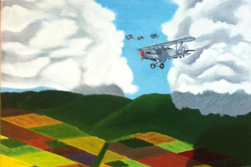 A painting of a plane flying over fields.