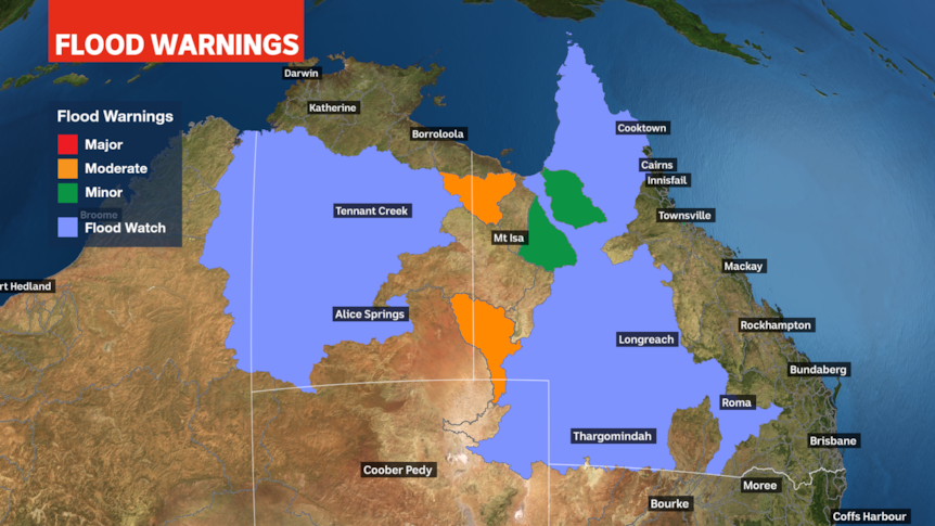 Map of Australia showing flood warnings for different regions by highlighting them in colours.