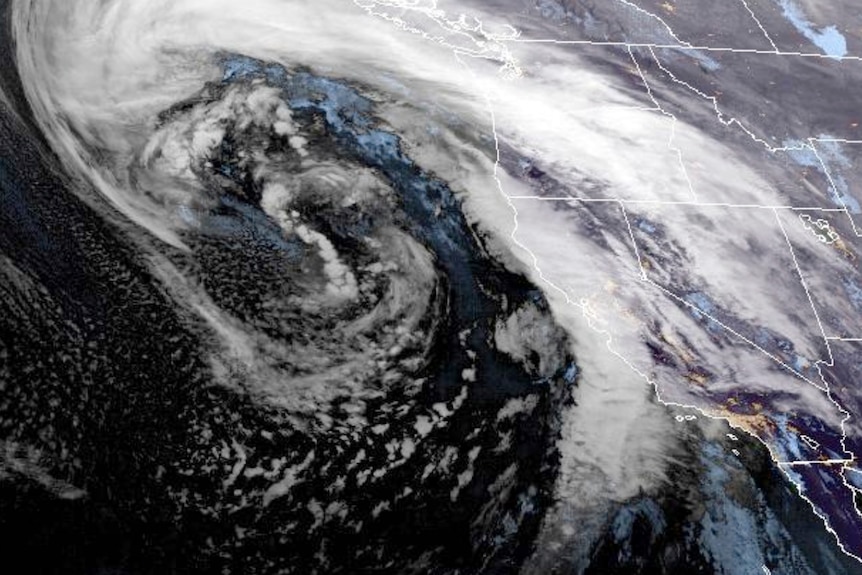 A satellite image of a storm over California.