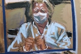 A sketch of a man in handcuffs with blonde hair while wearing a mask