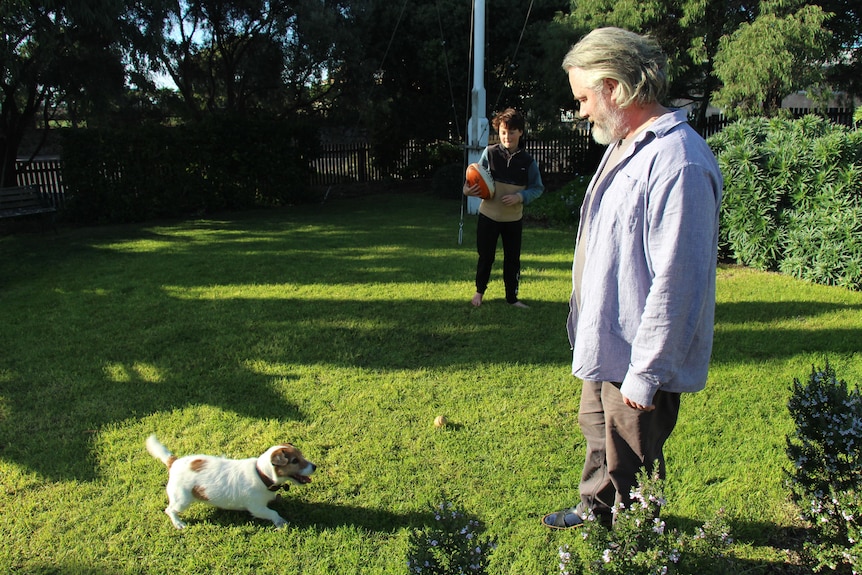 A grey haired man and a boy holding a football smile down at a jack russell dog, all in a grassed backyard