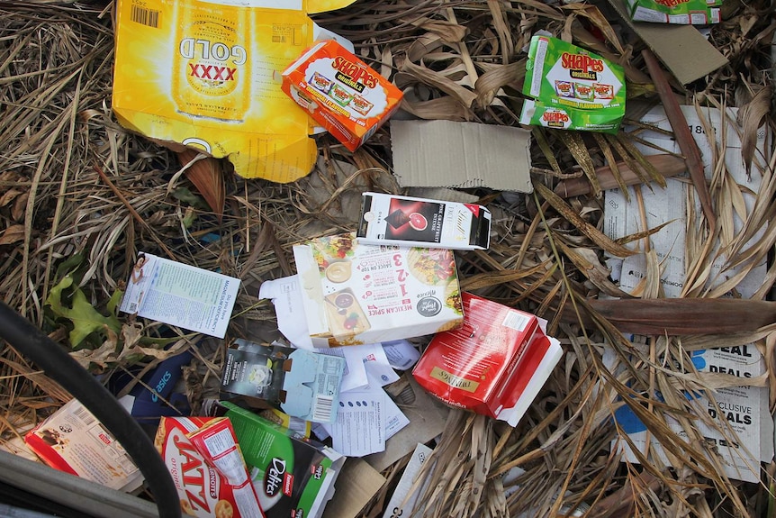 An aerial shot of different pieces of cardboard waste lying on some green waste.