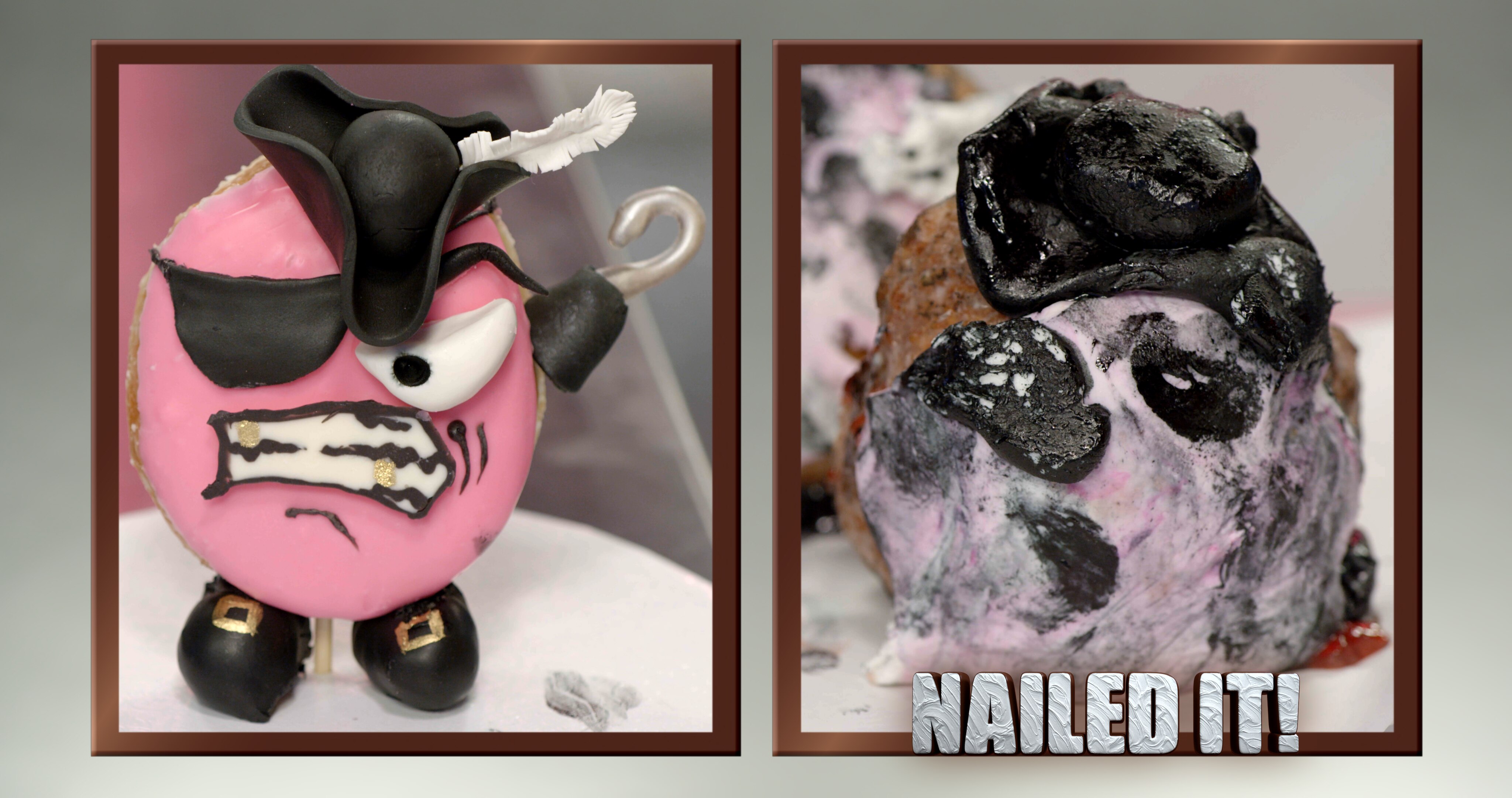 Two photos of donuts side by side, one with a face, feathered cap and pirate's hook, the other a melted mess