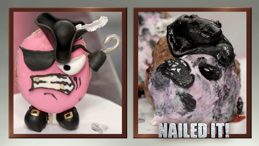 Two photos of donuts side by side, one with a face, feathered cap and pirate's hook, the other a melted mess