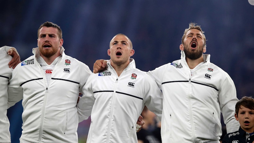 England rugby players sing the national anthem at the Rugby World Cup