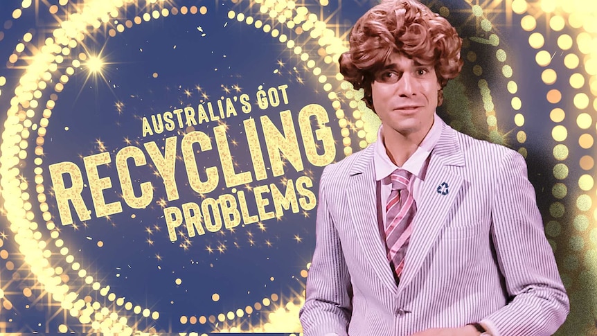 Jack dressed up as a game show host with a glittery "Australia's Got Recycling Problems" title in the background.