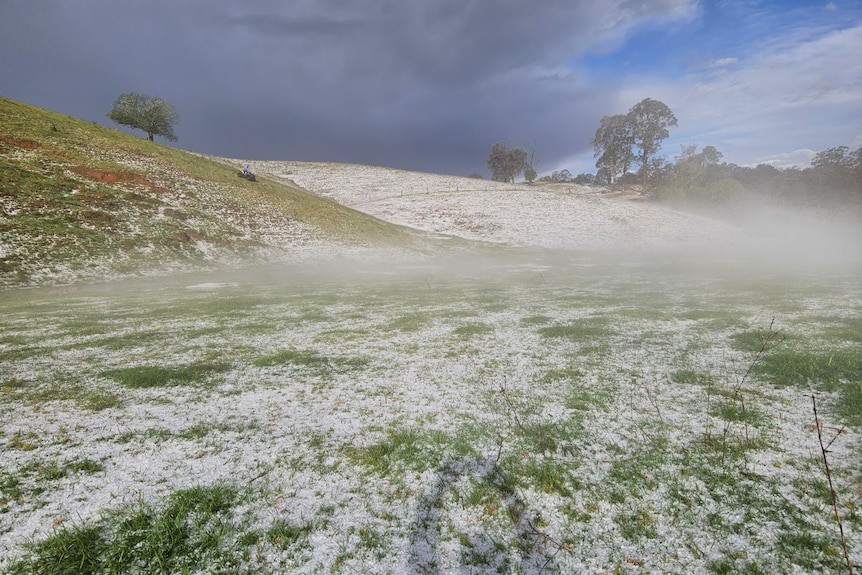 Green hills and paddock covered in hail stones with an appearance similar to light snow.