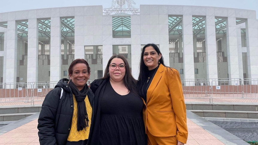 Janette Milera, Shaylem Wilson and Kelli Owen outside Parliament House for the Straight Talk Summit.  
