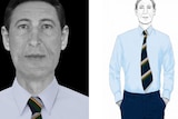 A digital image of a man wearing a blue shirt, tie and navy pants with a composite portrait image. 