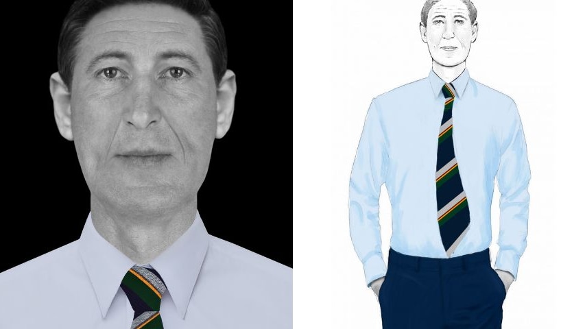 A digital image of a man wearing a blue shirt, tie and navy pants with a composite portrait image. 