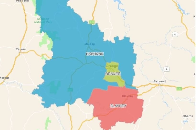 map showing blue green and red patches over the areas of Cabonne Orange and Blayney in NSW