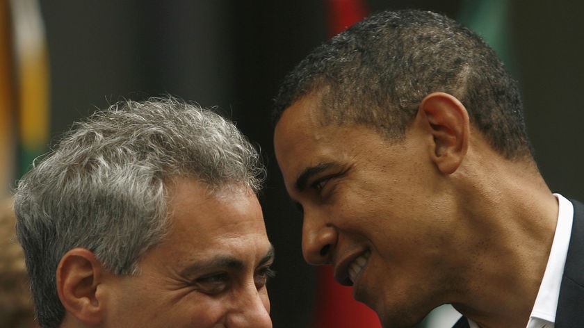 Barack Obama speaks with Rahm Emanuel