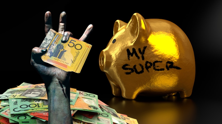 A graphic image showing a zombie hand and a superannuation piggy bank.