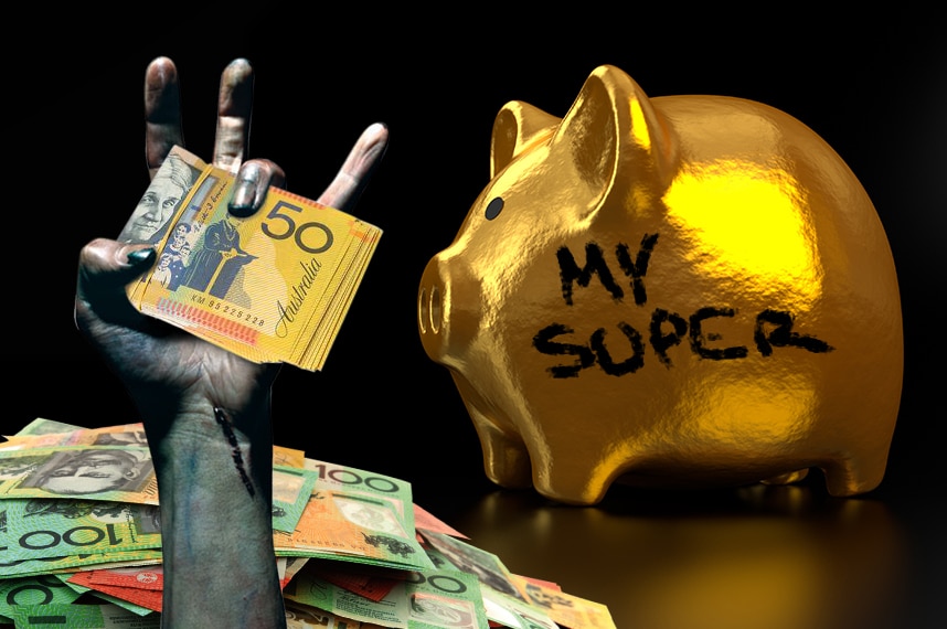 A graphic image showing Australian dollar bills and a superannuation piggy bank.