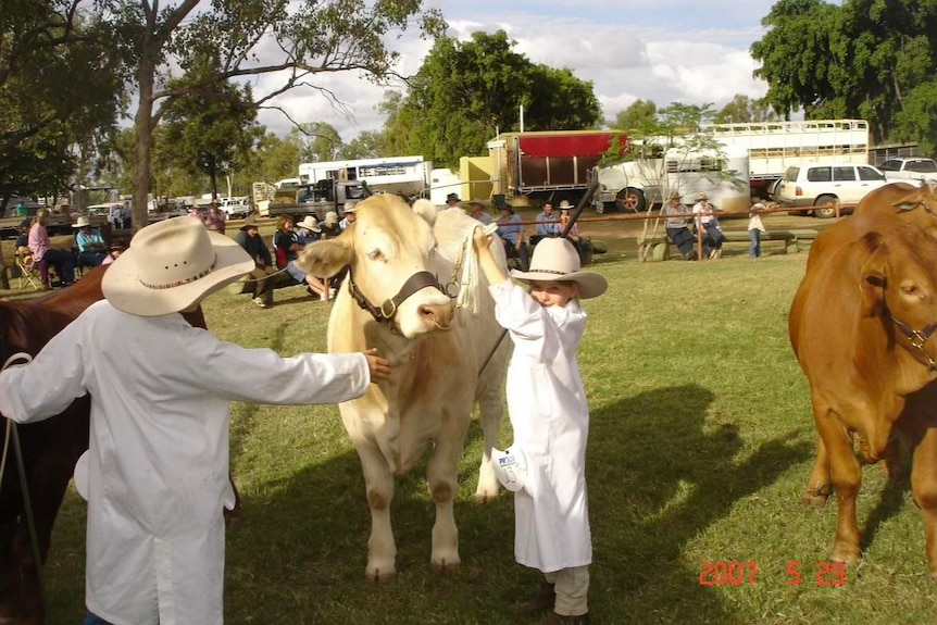 a young girl next to a big bull