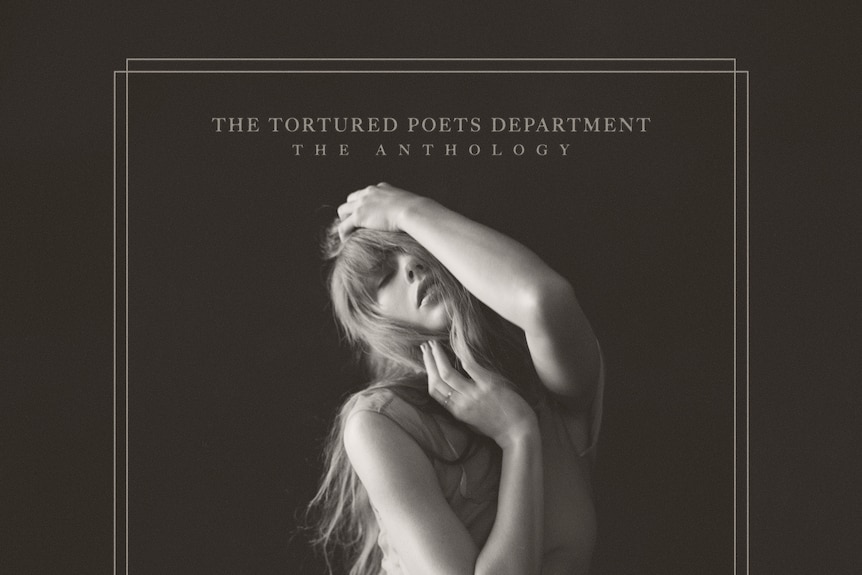 A black and white album cover of Taylor Swift with arms on head and eyes closed