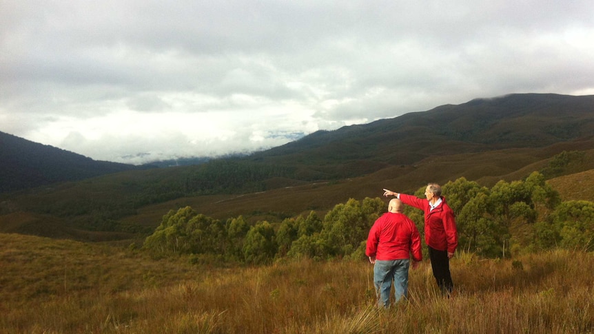 Save the Tarkine's Scott Jordan and Bob Brown look over the Mount Lindsay area of Tasmania's Tarkine region.