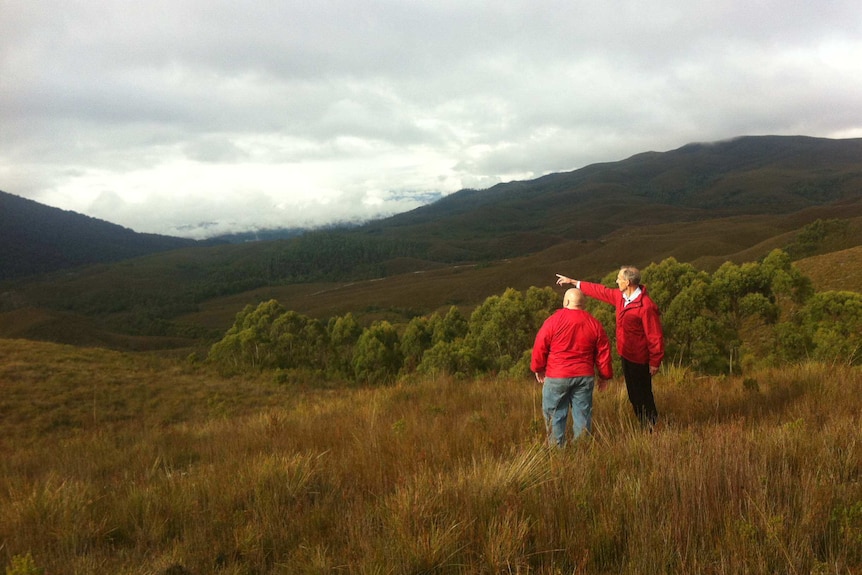 Save the Tarkine's Scott Jordan and Bob Brown look over the Mount Lindsay area of Tasmania's Tarkine region.