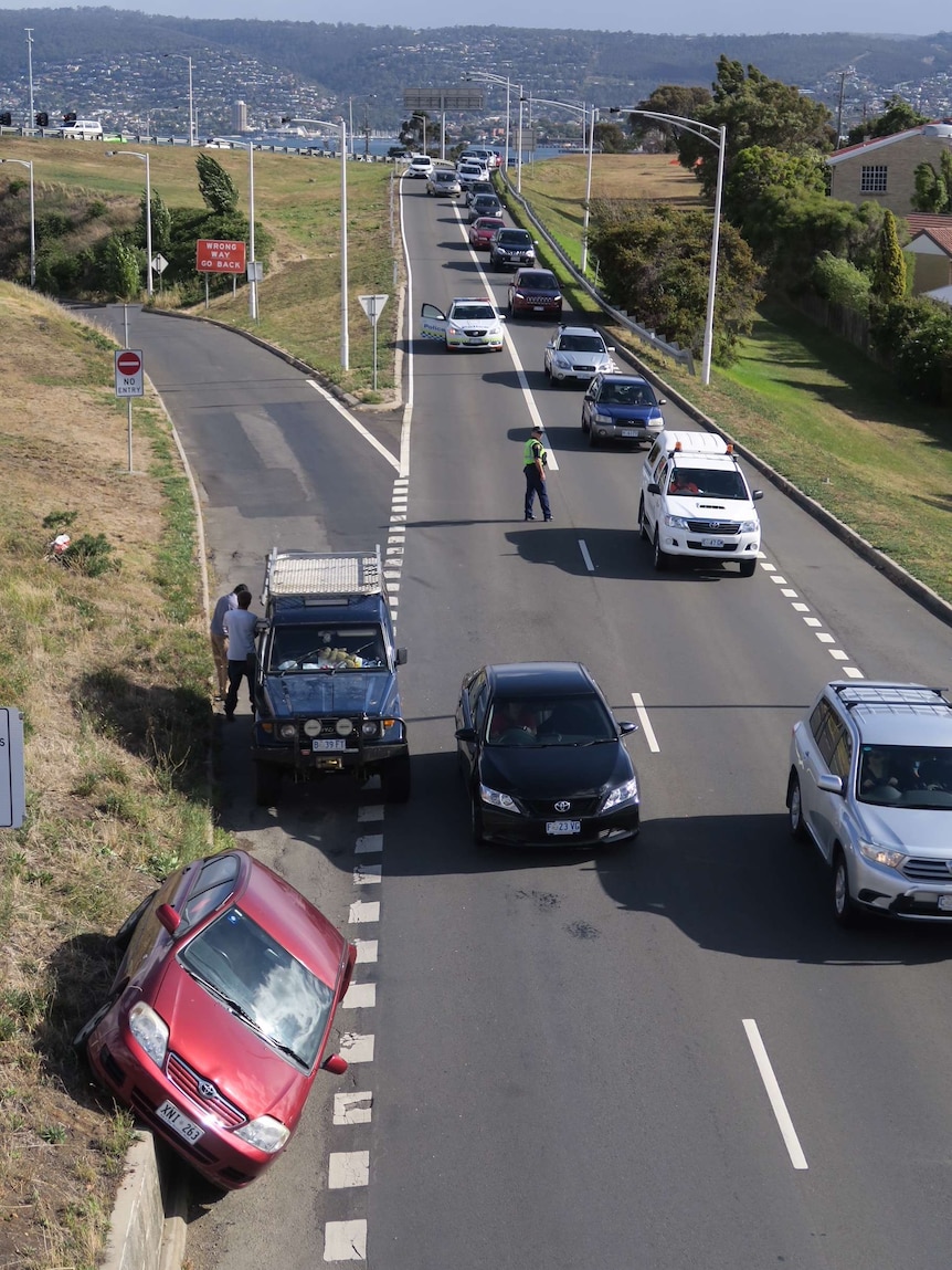 Car crash blocking traffic on Tasman Bridge approaches