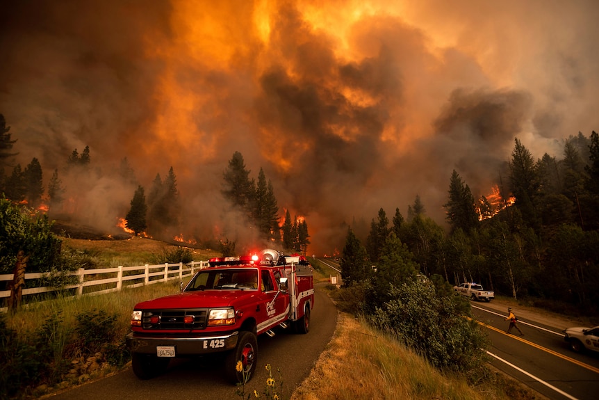 Los bomberos luchan contra un incendio de tamarack en la comunidad de Markleville en el condado de Alpine, California.