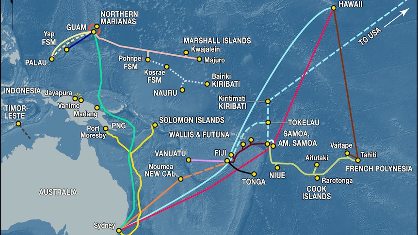 A map shows the complex series of cables connecting Pacific island nations