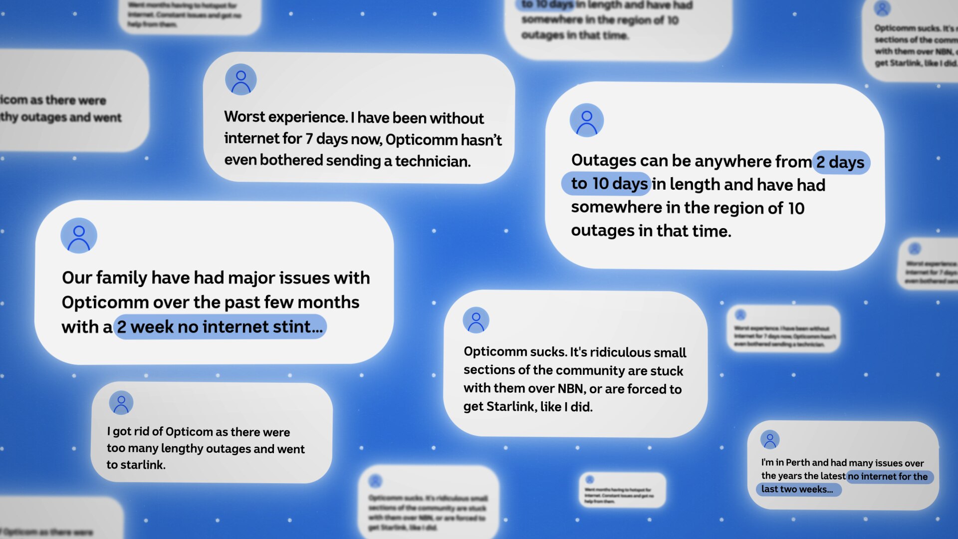 Un fondo azul gráfico, burbujas de comentarios de personas que citan interrupciones de 