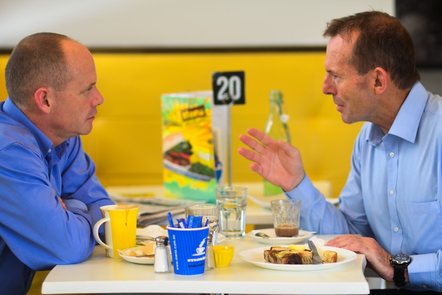Tony Abbott and Campbell Newman sit down for breakfast in Ashgrove.